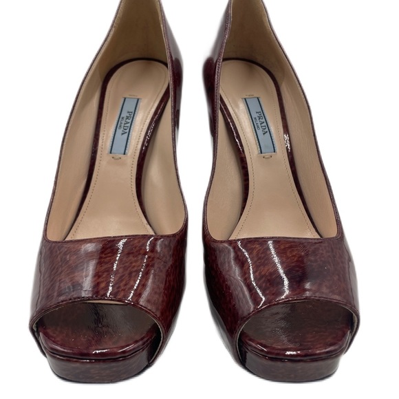 PRADA Peep Toe Luxury Patent Leather Vernice St. Pony Brown Tones High Heel Pump - Picture 5 of 10
